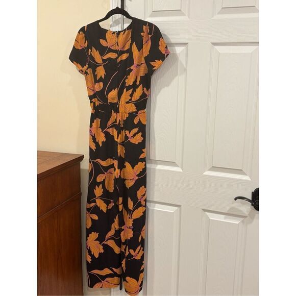 ModCloth Women's V-Neck Floral Wide Leg Jumpsuit Black Orange Pink Size Small - Picture 5 of 5